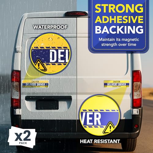 Image of Magnet Me Up Caution Frequent Stops Magnetic Decal - 3x10 Inch 2 Pack, UV Printed Yellow /Blue Automotive Vinyl Sign for Car, Delivery Driver Safety Magnet, Durable Weatherproof Accessory, Made in USA
