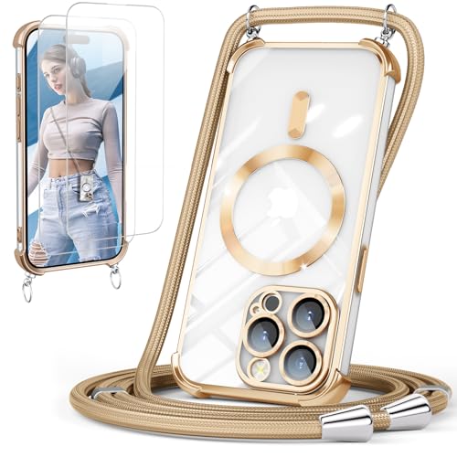 GOODVISH Handykette für iPhone 15 Pro Max Hülle mit Band Magnetisch Gold