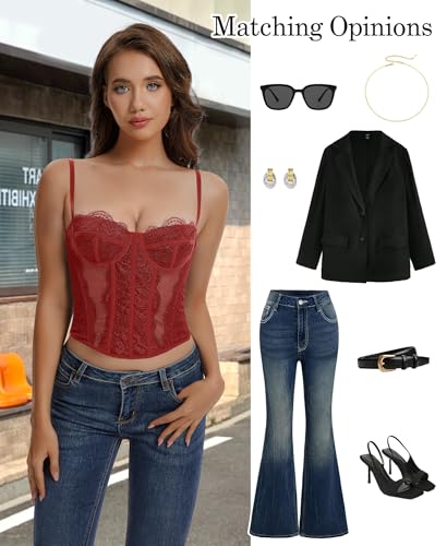 Image of Lace Corset Tops for Women Sexy Going Out Bustier Top Sleeveless Adjustable Straps Crop Tops with Back Hooks
