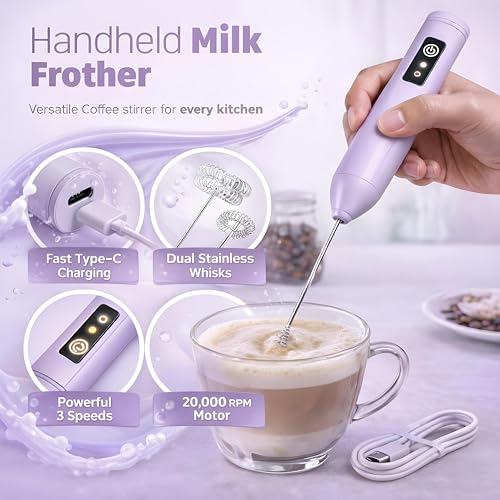Image of Coffee Frother - Electric Rechargeable Coffee Maker Machine for Home Electric Coffee Frother & Milk Whisker | 1 Year Warranty | Free Recipe Book (Frother) (Orchid Mist)