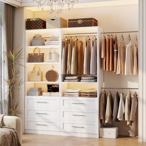 Image of Closet System with 12 Wooden Drawers, 8-21F Closet Organizer System, Walk-in Closet or Small Closet System with Shelves, Modular Closet Systems with 6 Expandable Hanging Rods, 4 Sets, White