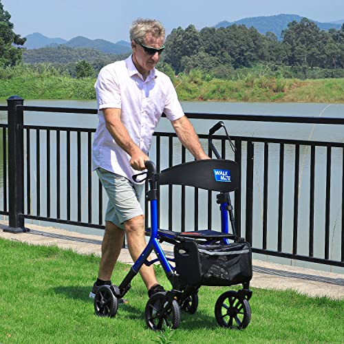 Walk Mate Rollator Walker For Seniors Taller 5.3~7Ft With Height-Adjustable Seat, 10 Inch Wheels Wire-Hidden Walkers Compact Folding Design Lightweight Mobility Walking Aid Widen Backrest, Dark Blue #TOP6