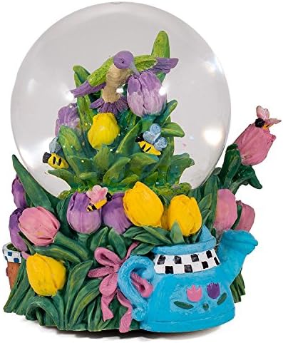 Hummingbird Bumble Bees Tulip Garden Glass Musical Snow Globe Plays Song in The Garden