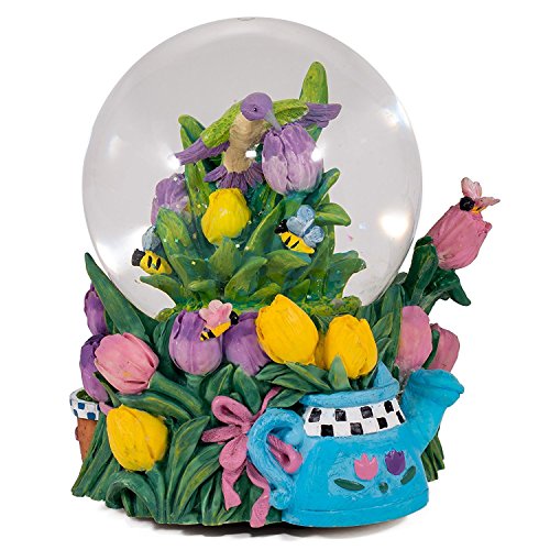 Hummingbird Bumble Bees Tulip Garden Glass Musical Snow Globe Plays Song in The Garden