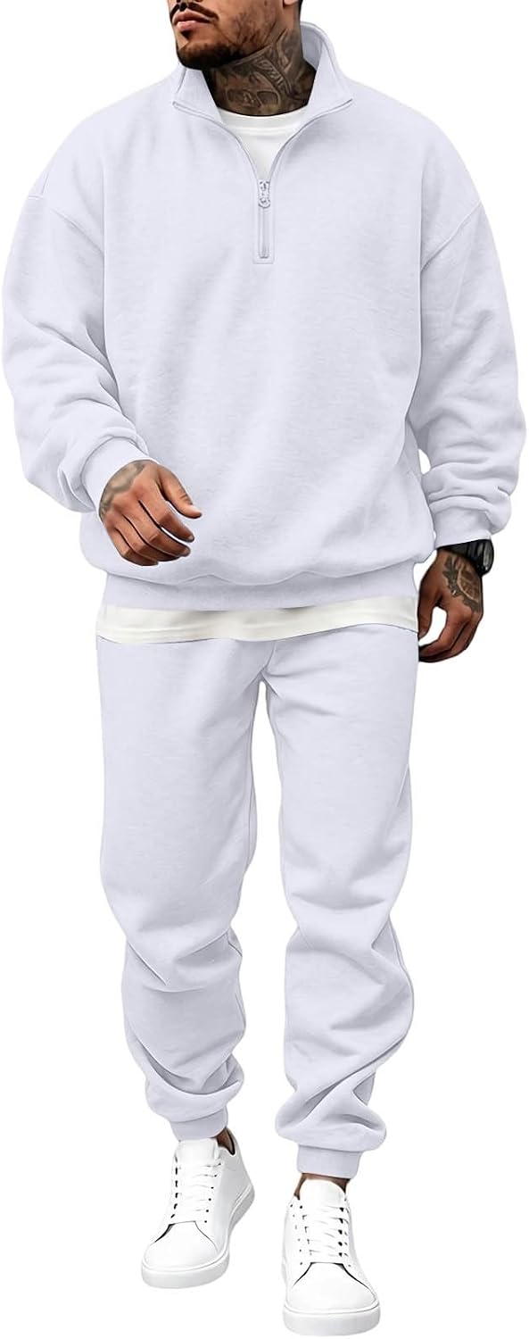Hoodie Set Men Quarter Zip Sweatshirt Jogger Sweatpants 2 Piece Tracksuit