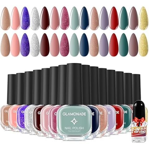 Glamonade Nail Polish Set Fingernail Pack: 15PC Mini Quick Air Dry Nail Polish Kit with Base Top Coat for Regular Finger Toe Nail Gift Set for Women Cover