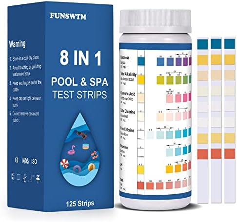 Pool Test Strips, 125ct 8 in 1 Pool and Spa Test Strips for Hot Tub, Swimming Pools and Salt Water Pools - Easy to Test pH, Chlorine, Alkalinity, Hardness, Cyanuric Acid, and Salt Testing Kit