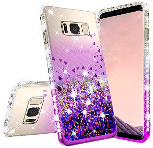 SOGA Compatible for Samsung Galaxy Note 5 Case, with [Temper Glass Screen Protector] Diamond Glitter Liquid Quicksand Cover Cute Girl Women Phone Case [Clear/Purple]