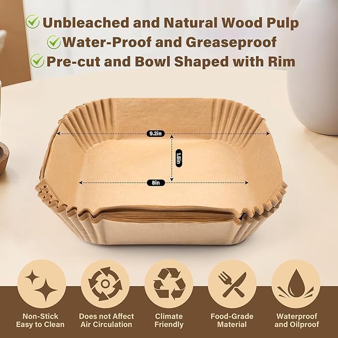 Image of Marve Square Air Fryer Liners Food-Grade BPA Free Paper for 5 to 8 litres Oil-Free Fryers - Healthy Cooking I Heat Resistance Air Fryer, Baking, Roasting Microwave (100 Pcs Air Paper Fryer)