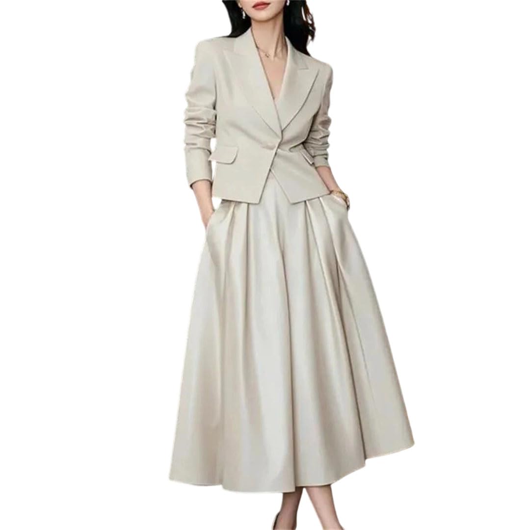 Women Korean Suit Solid Color Short Pleated Midi Skirt Elegant Office 2-Piece Set Outfit