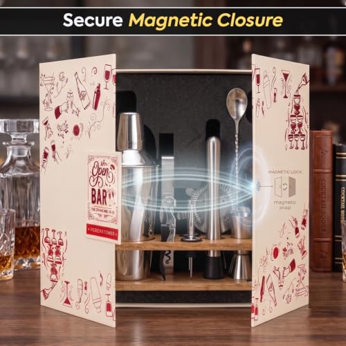 Image of O' Holic by Perch Cocktail Shaker Gift Set|10-Piece Stainless Steel Bartender Kit with Mango Wooden Stand|Accessories for Home Bar|Gift Box for Winters, Birthday, Wedding,Anniversary,Christmas |Silver