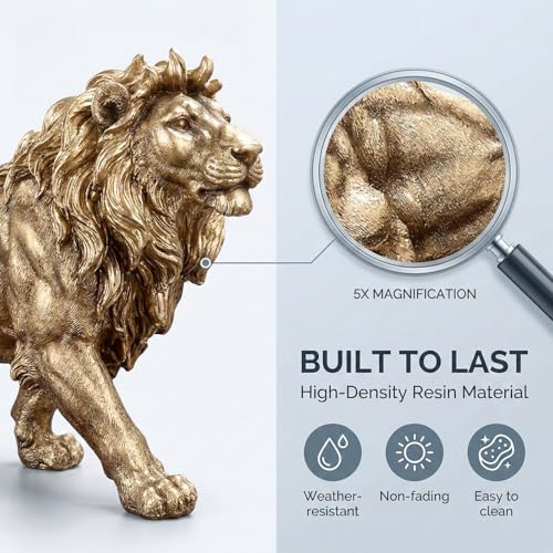 Estatua de león de 15 pulgadas en resina color dorado miniatura 3