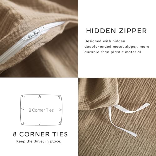 SE SOFTEXLY Muslin Duvet Cover Twin Size, 100% Washed Cotton Duvet Cover Set, Ultra Soft Comforter Cover Linen Like, 2 Pieces Minimalist Gauze Duvet Cover with 1 Pillowcase, 68"x90", Light Brown