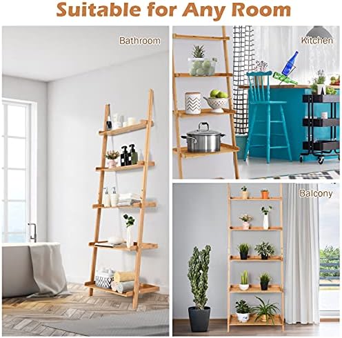 COSTWAY 5 Tier Ladder Shelf, Bamboo Leaning Wall Rack Bookcase, Display Storage Shelving Unit Flower Plant Stand for Living Room, Kitchen and Bathroom (with Raised Baffle, 64 x 45 x 181cm)
