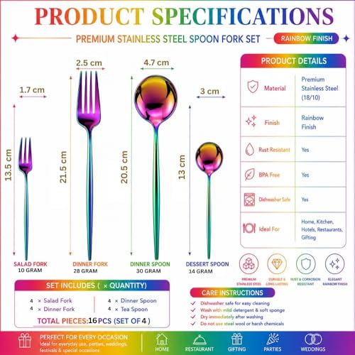 Image of Classic Rainbow 16 Pcs Stainless Steel Cutlery Set for Dining Table, Dishwasher Safe Glossy Flatware (Perfect Spoon Fork Set)