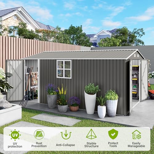 Image of 10x14 FT Metal Storage Shed,3 Lockable Doors,Window,Grey | 796cuft,7lbs /sqft roof.Sloped roof drains.Galvanized steel,rust proof.Clear window,vented.Side door