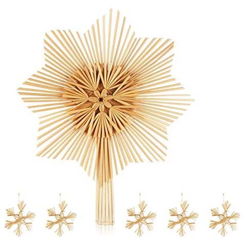 Homewit 6-teilig Stroh-Baumspitze 30 x 25 cm handgefertigte Weihnachtsbaumspitze Dekoration Weihnachtsdeko Stroh-Baum-Deckel Christbaumschmuck Christbaumspitze Stern Christbaumschmuck aus Stroh Cover