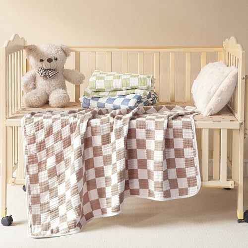 Image of Ultra Soft Cozy 6-Layer Muslin Cotton Baby Blanket 41 inch x41 inch Breathable Lightweight Checkered Swaddle Blankets for Toddlers Baby Birthday Gifts All Seasons Both Sides Coffee