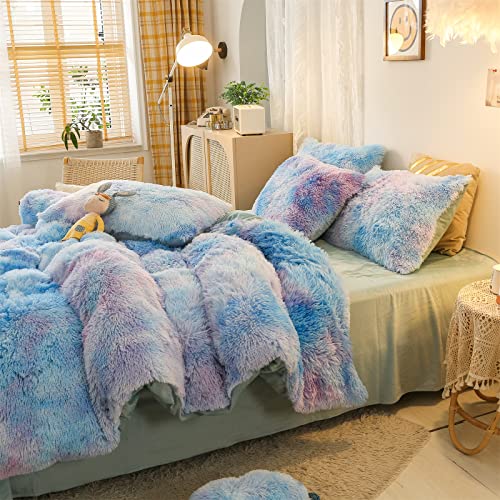 Luxury Shaggy Plush Duvet Cover Set King Colorful Rainbow Ombre Blue Pink Purple Velvet Valentines Day Bedding Set Soft Warm Winter Faux Fur Fluffy Fuzzy Comforter Cover For Teen Girls Women Gift #TOP3
