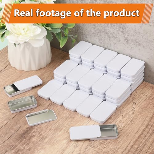 Image of Biugaaufai 60 Pack White Mini Rectangular Metal Tins Boxes with Sliding lids, Small Empty Slide Top Metal Tin, Lip Balm Slide Tins with Lid for Crafts, Jewelry, Candies (2.36 x 1.34 x 0.43 Inch)