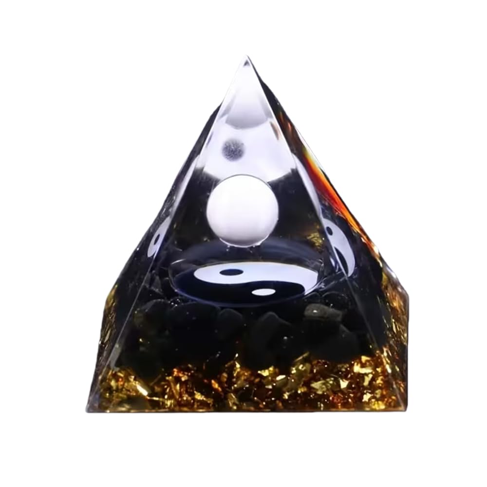 Tai Chi Yin Yang Pyramid Sculpture - Elegant Home/Office Desk Ornament with Transparent Base and Top Cover, Black and Gold Balance Symbol