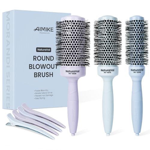 AIMIKE NaturaVol Round Brush Set for Blow Out Morandi 3-Color Ceramic-Coated Round Hair Brushes (1.3/1.7/2.1 Inch Barrel) for Fine Hair Fast Blow Dry Smooth Salon-Style Finish at Home Adds Volume