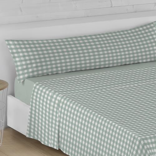 LEBENGOOD Juego de Sabanas Cama Diseños Cómodas Suaves Bajera Ajustable Encimera y Funda de Almohada 50% Algodón Oeko-Tex® 90x190/200 cm 144 Hilos Fácil Planchado (090 Vichy Verde)