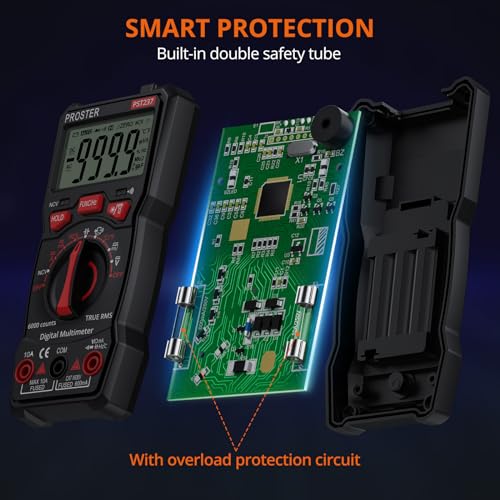 Image of Proster 6000 Counts TRMS Multimeter - NCV Auto-Range for AC /DC | Measures AC /DC V (600V), A (10A), R, C, Freq, Temp, Diode, Continuity. NCV Detector. Backlight Flashlight Magnet Stand