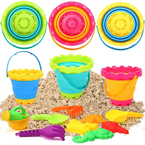 Beach Sand Toys Set for Kids, Silicone Collapsible Foldable Beach Bucket Travel Beach Toys for Summer Outdoor Camping and Fishing Tub with Sand Molds Shovels Rakes for Toddlers Boys Girls,2.6L 3PCS