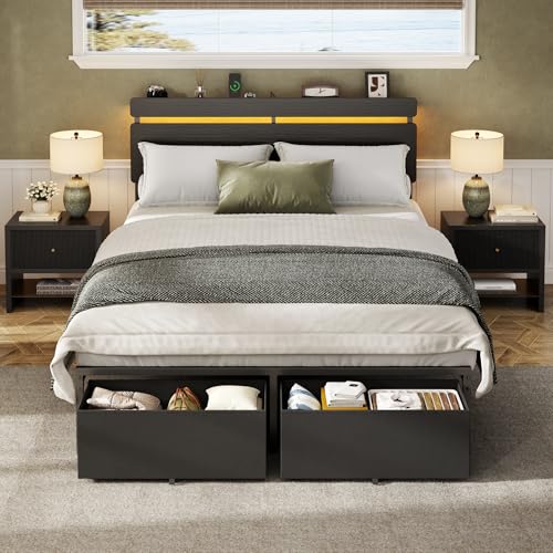 Image of Forestell Full Size Bed Frame with Wood Headboard, Black Platform Bed with 2 Storage Drawers & Shelf, Built in Charging Station & LED Lights, Metal Support, No Box Spring Needed, Camas Full
