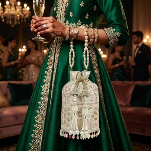 Image of Nevis Silk Fabric Embroidered Potli Bag with Pearl Beaded Handle | Designe Ethnic Drawstring Clutch for Wedding, Festive