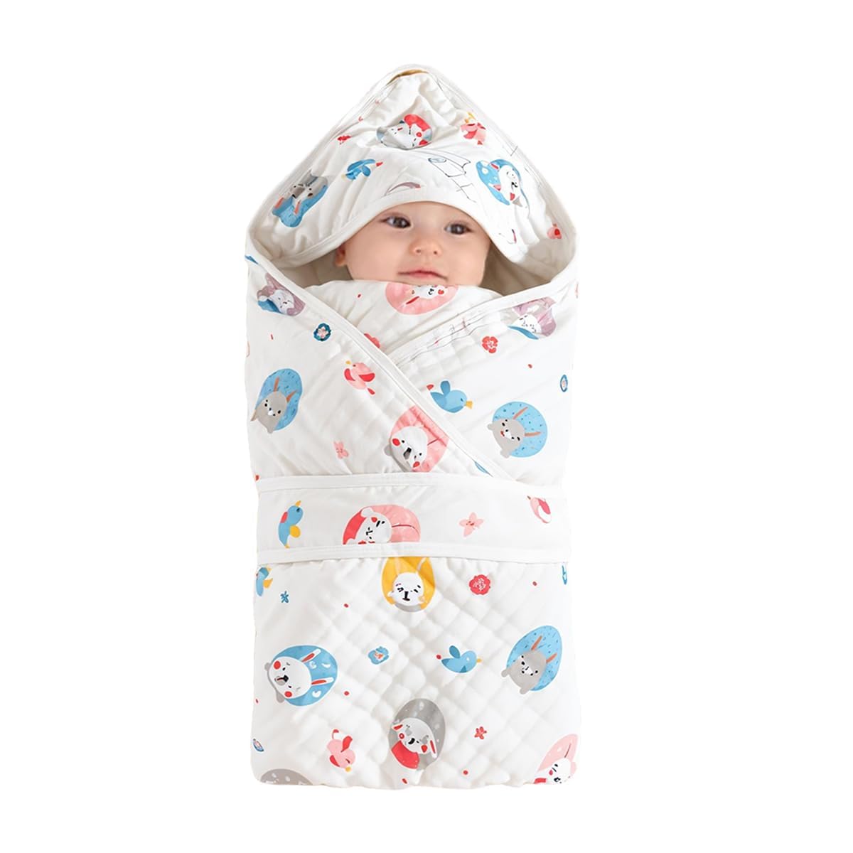 Newborn Baby Swaddle Wrap, Pure Cotton Muslin, Soft, Breathable, Hooded, Cute Prints, for Infants,Swaddle Muslin Baby Towel,Hood Blanket for Child Pack-1 (Rondom Print)-image-9