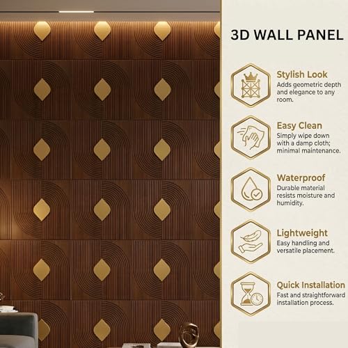 Image of Kayra Decor 3D PVC Wall Panels with Acrylic Finish for Bedroom & Living Room, Curve Line Design Blackwood, 19.7 x 19.7 Inch, Pack of 12 (32.28 Sq Ft)