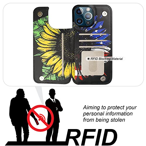 Image of HAOPINSH Compatible with iPhone 13 Pro Max Wallet Case with Card Holder, American Flag Sunflowers Pattern Back Flip PU Leather Kickstand Card Slots Case, Double Magnetic Clasp Cover 6.7 inch