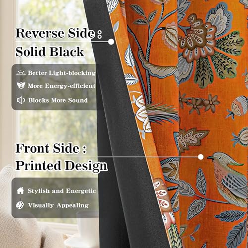 Image of MYSKY HOME Orange Floral Blackout Curtains & Drapes 95 inch Curtains 2 Panels Set for Living Room Bedroom Boho Farmhouse Elegant Curtains Heat Block Sound Reduce Drapes with Patterned Bird Design