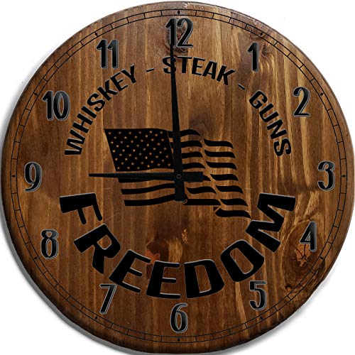 Mnk Large Wall Clock 24 inch Gun Whiskey Steak American Flag Freedom Brown Wall Decor