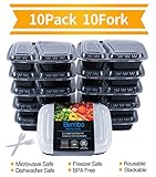 10 Pack 2 Compartment Meal Prep Food Storage Containers with Lids/Bento Box Set/Divided Container Portioned for Lunch/BPA Free,Reusable,Dishwasher & Microwave Safe Cover+10 Cutlery(32oz)