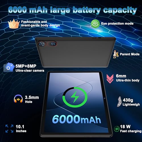 Image of DMOAO Tablet, 2026 Android 15 Tablet with Gemini AI, 10.1 Inch FHD Display, 30GB RAM 64GB ROM /1TB TF, 6000mAh Battery, Octa-Core 2.0GHz, Widevine L1, 2 in 1 Tablets with Keyboard Mouse(Black)