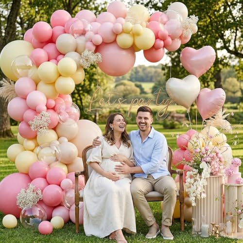 Image of Pink and Yellow Balloon Arch Kit,150Pcs Pastel Pink Light Pink Yellow Sand White Balloons for Baby Shower Bridal Shower Wedding Bee Bear Themed Birthday Party Decorations
