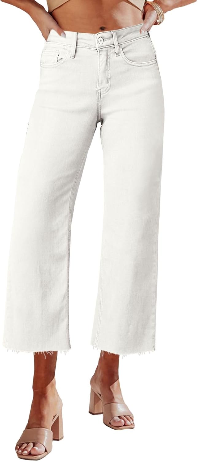 Allimy Women's High Waisted Straight Ankle Wide Leg Ripped Jeans Frayed Hem Stretchy Capri Denim Pants