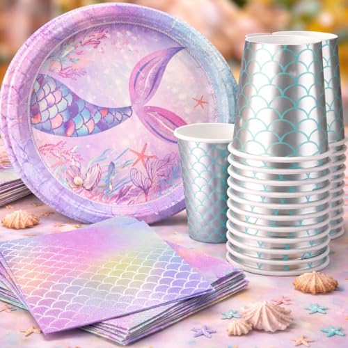 Image of Wanna Party 40Pcs Mermaid Theme Birthday Decorations Under the Sea Party Tableware Includes Mermaid Plates, Mermaid Napkins and Mermaid Cups for Mermaid Theme Party Decorations
