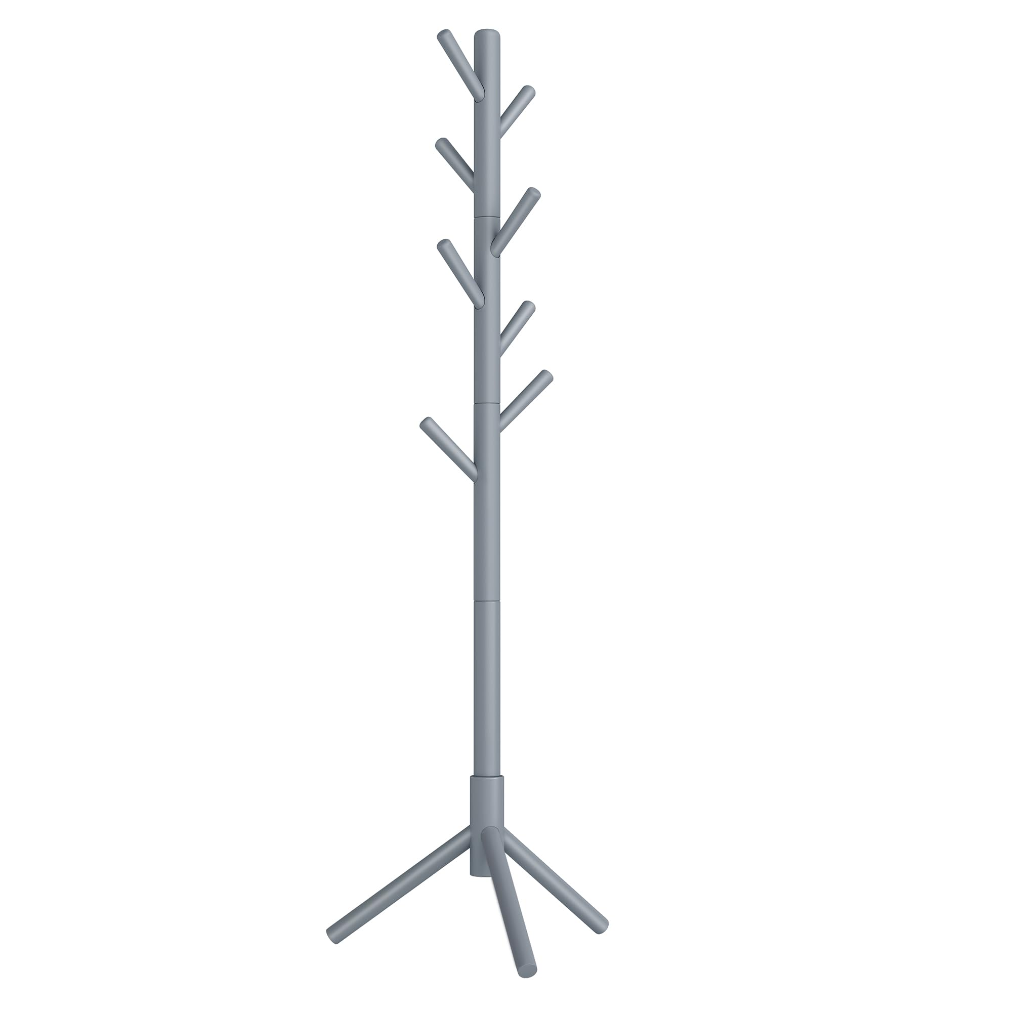 VASAGLE Solid Wood Coat Rack, Free Standing Tree-Shaped Coat Rack with 8 Hooks, 3 Height Options, for Clothes, Hats, Bags, Living Room, Bedroom, Home Office, Gray URCR04GY