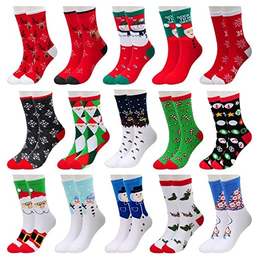 15 Pairs Women's Christmas Holiday Socks Cotton Knit Crew Xmas Socks for Girls Novelty Christmas Gifts
