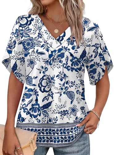 Image of WIHOLL Womens Summer Tops Short Petal Sleeve Shirts Fashion V Neck Womens Clothing
