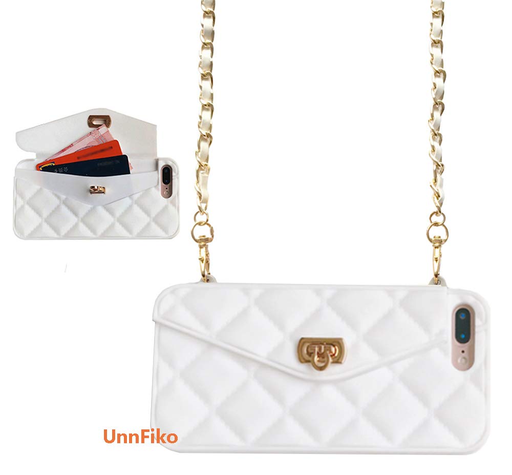 UnnFiko Wallet Case Compatible with iPhone 6 Plus/iPhone 6s Plus, Pretty Luxury Bag Design, Purse Flip Card Pouch Cover Soft Silicone Case with Long Shoulder Strap (White, iPhone 6 Plus / 6s Plus)