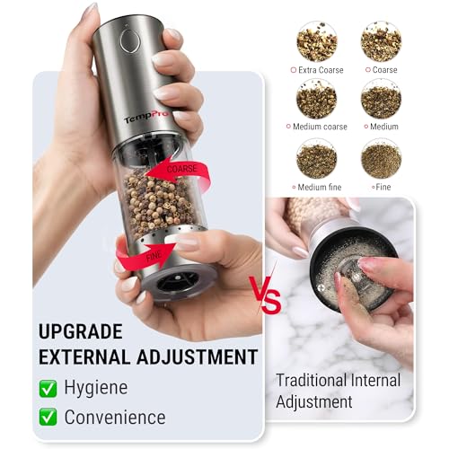 Image of TempPro 100ml Electric Salt and Pepper Grinder Set Rechargeable, Automatic Pepper Grinder Shakers with External Adjust, Refillable Pepper Mill, Gift for Him Dad Father(Previously ThermoPro)