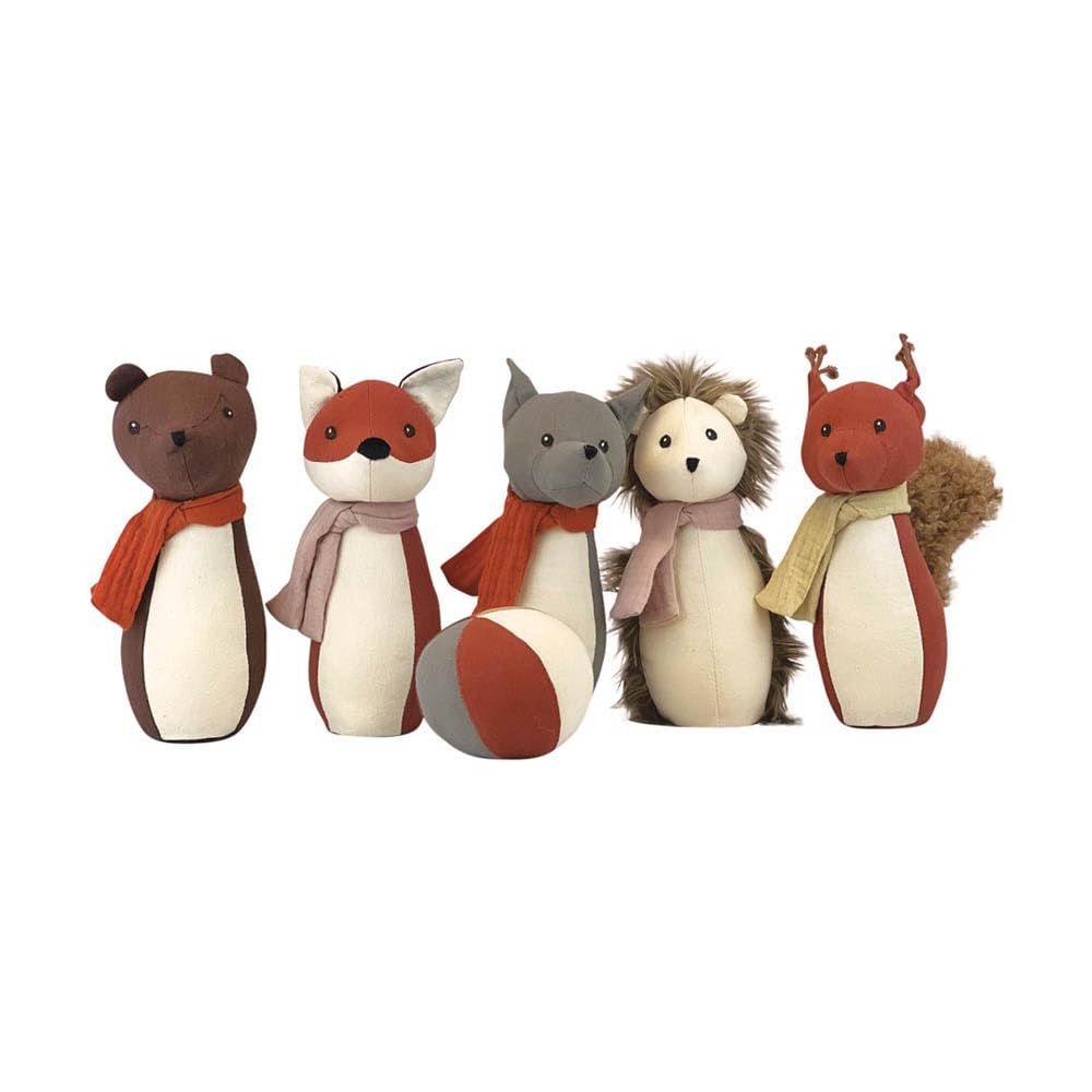 Egmont Toys Juego de bolos "Animales del Bosque" – Juego de bolos de algodón para niños, 5 conos de animales y pelota, juguete de motricidad para todas las edades, juego educativo para interior y