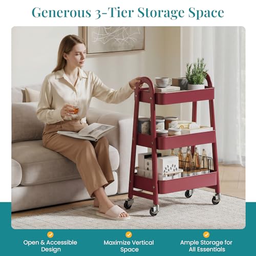 Image of OLIXIS Metal 3 Tiers Utility Rolling Cart, Mobile Storage Shelf with Lockable Caster Wheels, Organization for Livingroom, Bathroom & Narrow Places, Red