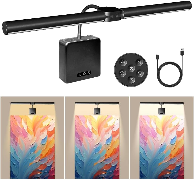 Picture Lights for Wall, 18in Metal Picture Light Art Lighting for Paintings Wireless Dimmable Lights for Pictures on Wall, with Remote and Timer for Gallery Dartboard Art Bedroom Black 18in