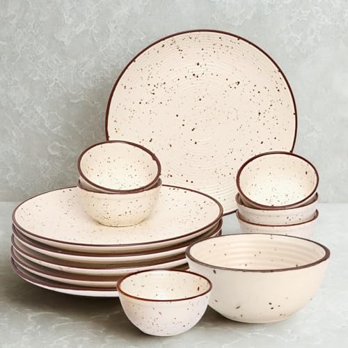 Image of Freakway Handcrafted Off White Stoneware Pack of 13 Pieces Ceramic Dinner Set 6 | Crockery Set for Dining Table | 6 Dinner Plates, 6 Bowl /katori & 1 Serving Bowl | Microwave & Dishwasher Safe